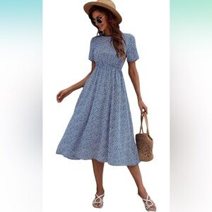 Floerns Women's Short Sleeve Boho Floral Dress A Line Smocked Midi Dress
